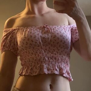 baby pink with cherry detailing off the shoulder top
